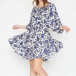 CABALLERO Dalia Navy Floral Blockprint Dress Size Large NEW Pockets